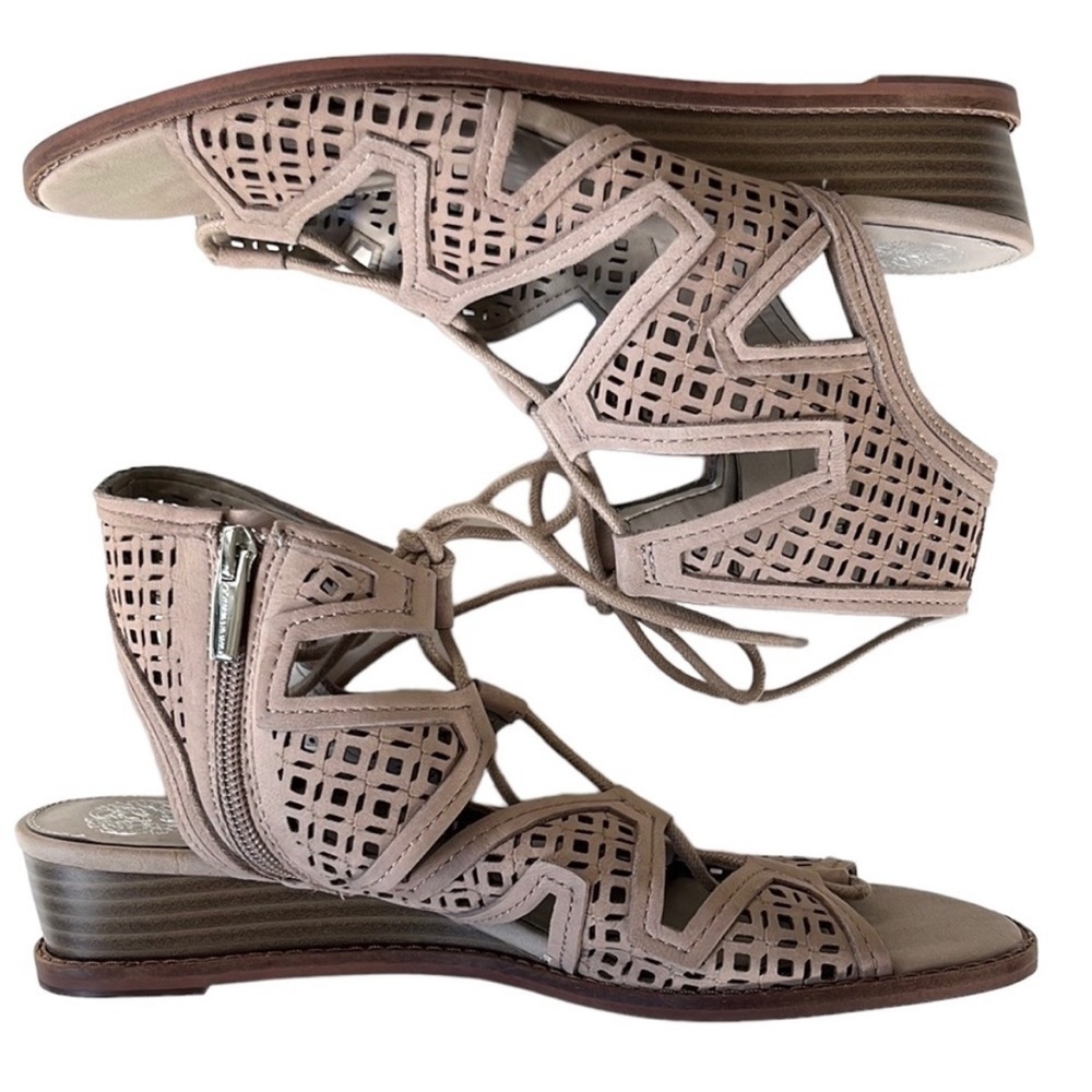Like New Vince Camuto Leather Rollera Low Wedge Sandals - Wide Width - Picture 2 of 9
